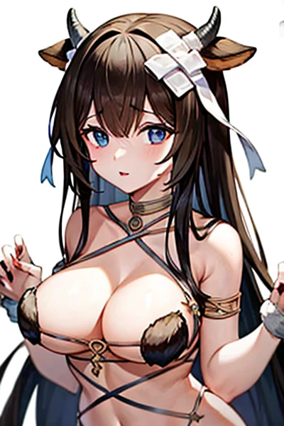 masterpiece,1girl ,solo, <lora:DangerousBeastV1-000006:1> ,white mash kyrielight (dangerous beast) (cosplay),  <lora:kashino-000008:0.8>,cow horns, black hair,