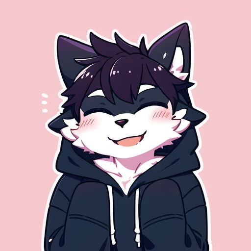 wolf,closed eyes,head rest,hand under clothes, icon, furry,anthro,solo,half body, 1boy, hoodie,smile,blush