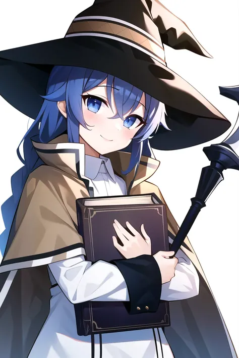 roxy migurdia, 1girl, bangs, blue eyes, blue hair, blush, book, book hug, braid, brown cape, brown capelet, brown headwear, cape, capelet, collared shirt, crossed bangs, dress, hair between eyes, hat, holding, holding book, long braid, long hair, long slee...