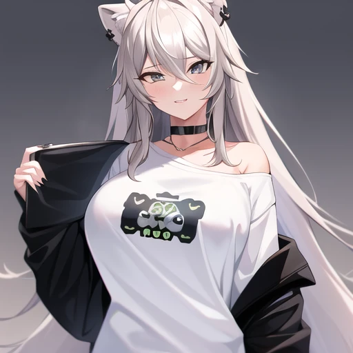 masterpiece, best quality, absurdres, perfect anatomy, 
, Botan, 1girl, solo, looking_at_viewer, blush, smile, shirt, holding, jacket, white_shirt, choker, virtual_youtuber, off_shoulder, grin, animal_ear_fluff, black_choker, piercing, ear_piercing, black_...