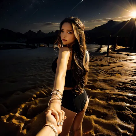 1girl, ultra detailed, highres, masterpiece, bikini,long hair, black hair,
bf_holding_hands, walking in the mountain, night, star lines,
<lora:bf_style:1> <lora:koreanDollLikeness_v10:0.6>