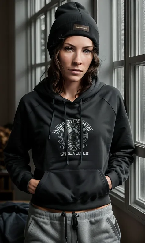 professional modelshoot photo, beautiful woman evangelinelilly (highly detailed:1.1), cuffed beanie, wearing black oversize hood...