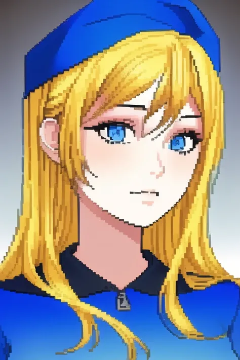 a portrait of a blonde girl with blue cap and blue shirt,gradient_background