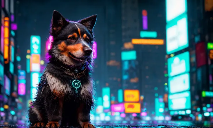 abstract colors, texture, film grain, textured fur:0.1 intricate close up dramatic portrait of a (cyberpunk)1.2 dog standing on a rainy bustling crowded cyberpunk city street, ultra realistic textured fur, wet nose, foggy morning, cinematic movie still fra...