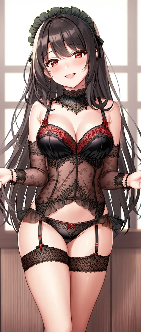 Masterpiece, 4K, HD, Woman wearing a black fabric garterbelt with frilled red embroidery,fabric straps ,front view, lower body focus,  <lora:Garterbelt:0.8>,  woman smiling, blushing