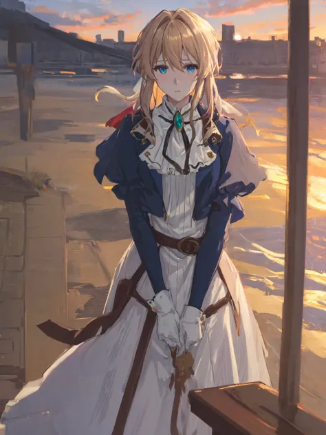 1girl, sunset, brooch, violet_evergarden, solo, jewelry, blonde_hair, long_sleeves, ribbon, blue_eyes, jacket, dress, gem, hair_ribbon, sky, outdoors