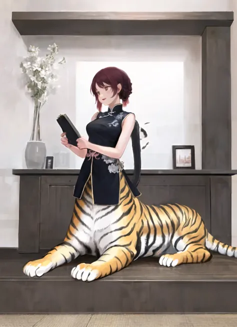 masterpiece, best quality,a portray of a woman ,taur,(tiger :1.2),extemely detailed,china dress <lora:CentaurConcept_v1:0.7>