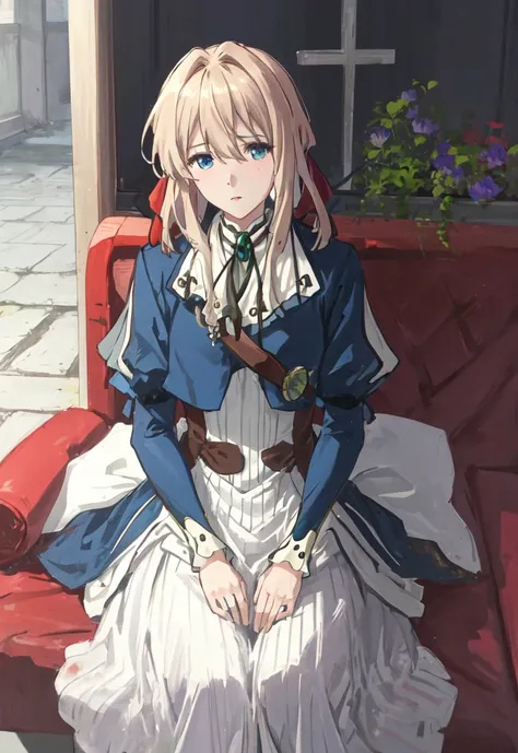 1girl, violet_evergarden, solo,  blonde_hair, long_sleeves, ribbon, blue_eyes, jacket, dress,  hair_ribbon,sitting on,