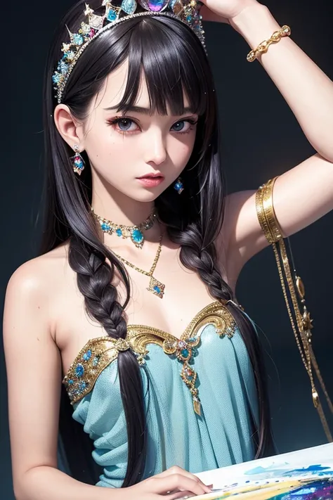 Manga, masterpiece, best quality, 1girl, half body, sad princess, fantasy, ((painting by wlop)) from artstation, glitter jewelry, glare, Iridescent, Global illumination, real hair movement, realistic light, realistic shadow, sideways glance, ((foreshorteni...