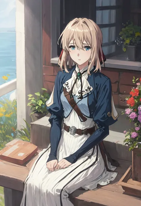 1girl, violet_evergarden, solo,  blonde_hair, long_sleeves, ribbon, blue_eyes, jacket, dress,  hair_ribbon,sitting on,