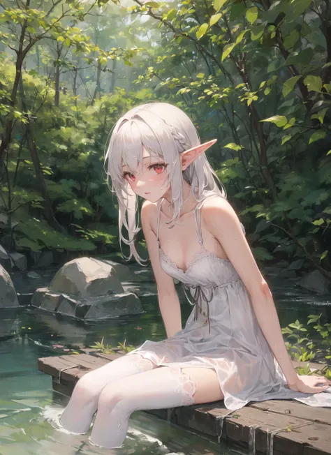 ((masterpiece, best quality)), 1girl, solo focus, shy, confused, (dark skin), elf, red eyes, white hair, ((wet clothes)), sitting on river, looking at viewer, upper body, dress, negligee, white legwear, forest, (from below), looking away, fine fabric empha...