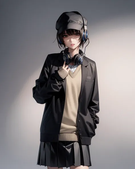 (best quality), (ultra detailed), 1girl, solo, standing,model,looking at viewer, (interview:1.3), (dark background),(beautiful detailed face),shirt, sweater,cowboy_shot, black_skirt,school_uniform,, jacket, grey_background,headphones, hat
