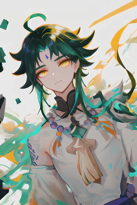 masterpiece, best quality,solo,1boy, <lora:xiao:0.7>,xiao_(genshin_impact), arm_tattoo, male_focus, 1boy, green_hair, forehead_mark, yellow_eyes, facial_mark, grey_background, body_markings, bead_necklace, chest_tattoo, jewelry, (dynamic angle:1.3)