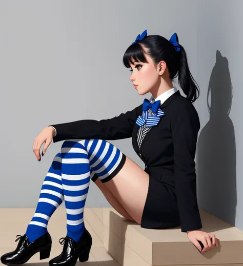 masterpiece, 4k, beautiful design, kneesocks, bicolor bowtie kneesocks,blue and black kneesocks,black bowtie, woman sitting down...