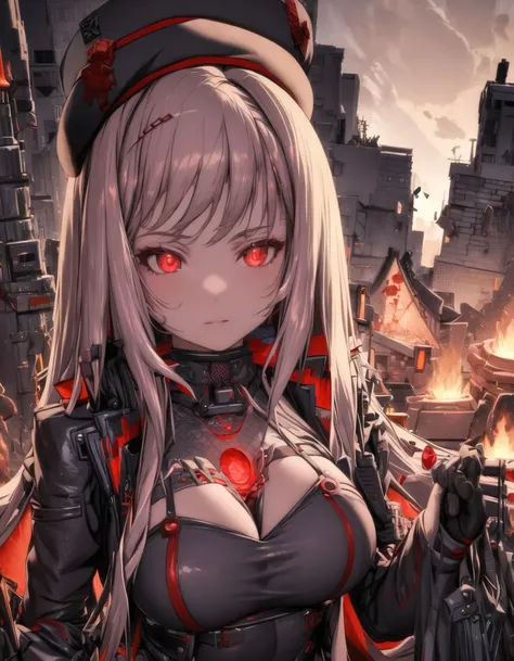 anime girl with red eyes and a black outfit standing in front of a city