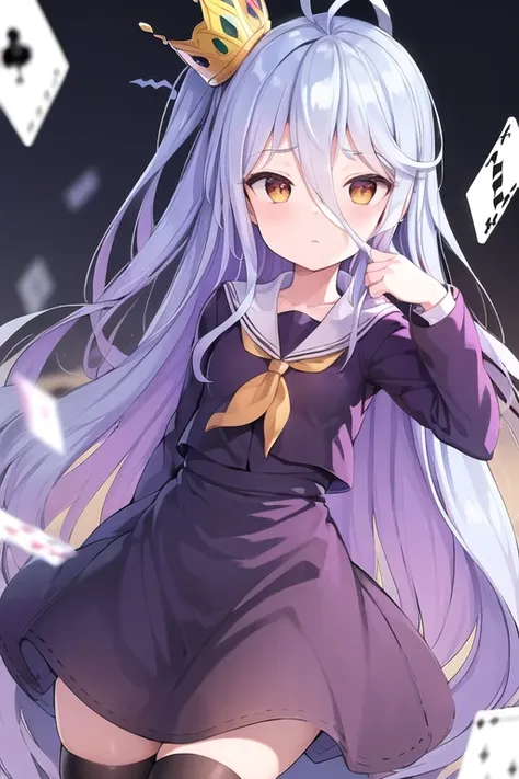 ((masterpiece, best quality:1.2)), (ultra-detailed:1.2), <lora:MaismansShiroLora:0.6>, Shiro, shiro_(no_game_no_life), No Game No Life, purple clothes, long hair, black thighhighs, long hair, 1girl,  blurry background, (crown), very_long_hair, blue backgro...