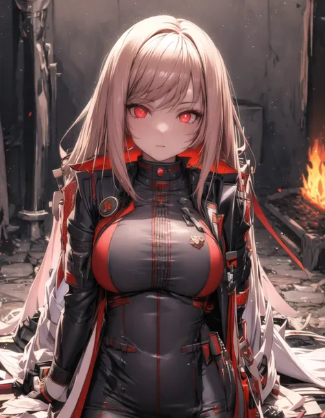 anime girl in a black and red outfit standing in a ruined building