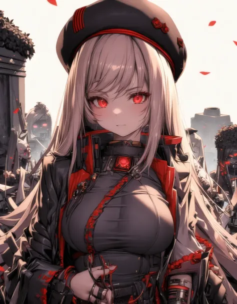 anime girl with red eyes and a black hat standing in a field