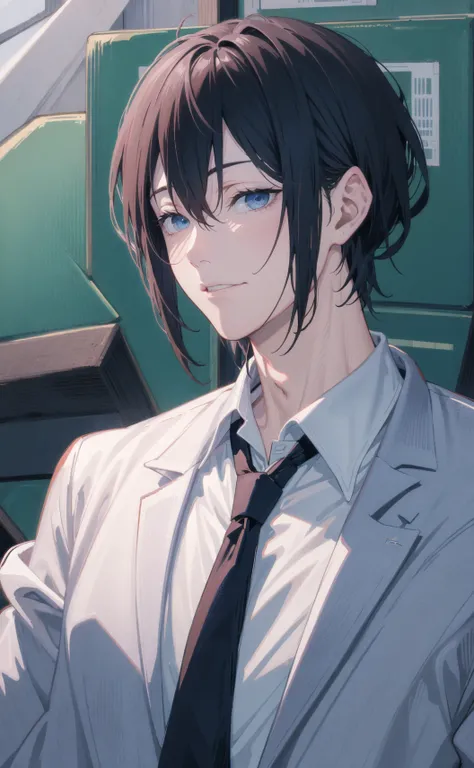 looking at viewer, 1boy, aki (chainsaw man), good anatomy, close up, upper body portrait, black hair, dark blue eyes, black jacket, black necktie