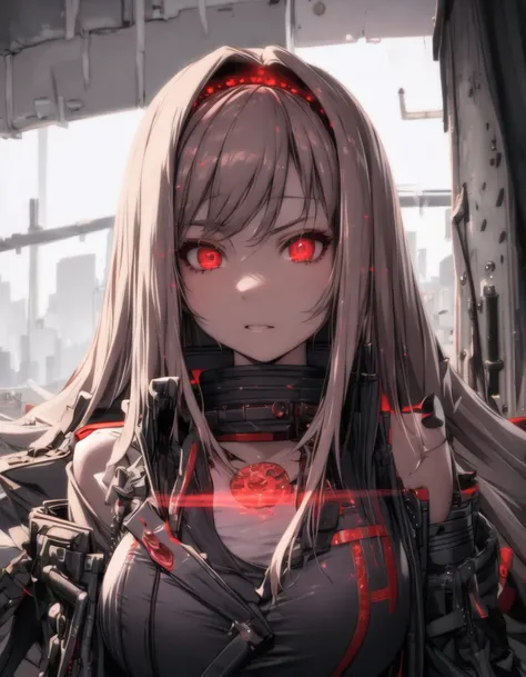 anime girl with red eyes and long hair in a futuristic setting