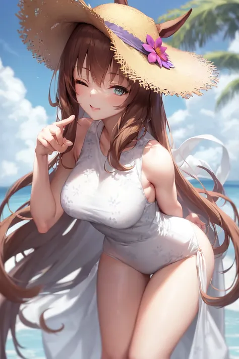 masterpiece, best quality,
maruzensky (umamusume),
white dress, sleeveless dress, straw hat, floral print, flower,
leaning forward, one eye closed,
<lora:maruzensky_lora:0.65>