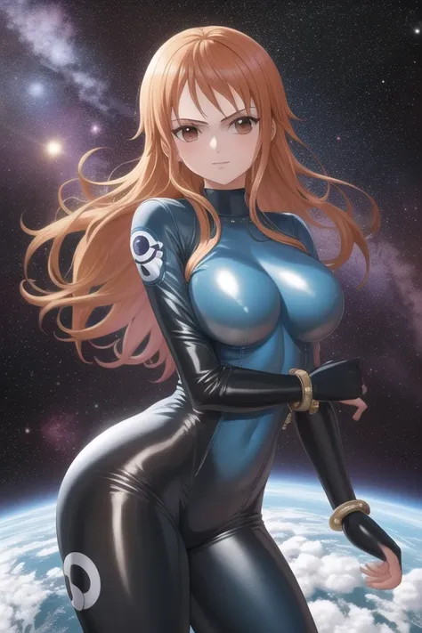 masterpiece, best quality, 1girl, looking at viewer, one piece,
namiop, floating hair,
space, spacesuit, latex bodysuit,
solo,  ...