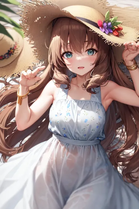 masterpiece, best quality,
maruzensky (umamusume),
sleeveless dress, white dress, straw hat, (floral print:1.1), flower, bracelet,
<lora:maruzensky_lora:0.7>