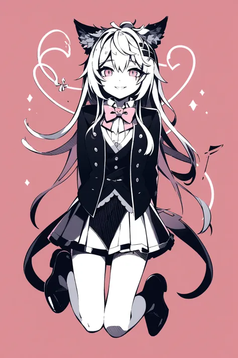 masterpiece, best quality,  1girl, solo, long_hair, looking_at_viewer, smile, bangs, skirt, simple_background, shirt, black_hair, long_sleeves, bow, long hair, monochrome, hair_bow, heart, frills, shoes, bowtie, pink_eyes, heart-shaped_pupils, pink_backgro...