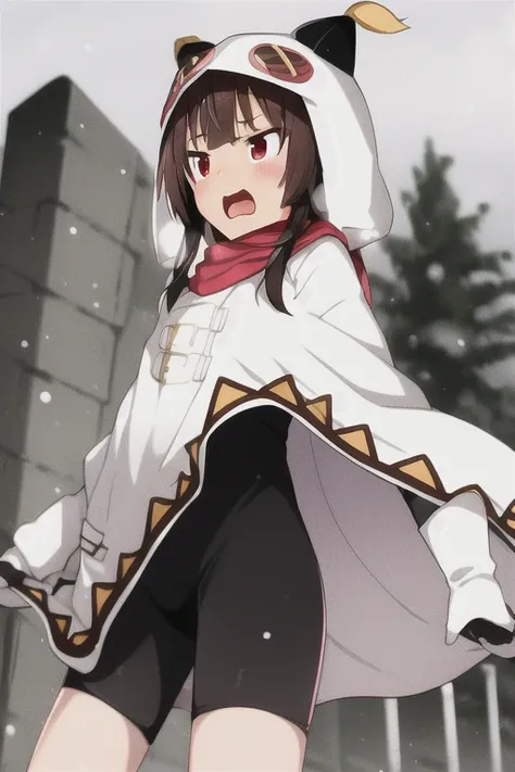 <lora:MeguminWinterOutfit:1> 

megumin, kono subarashii sekai ni shukufuku wo!, standing, 1girl, solo, white hood, white hoodie, cat ears, winter clothes, short hair, short hair with long side locks, brown hair, red eyes, blush, open mouth, panic, scared, ...