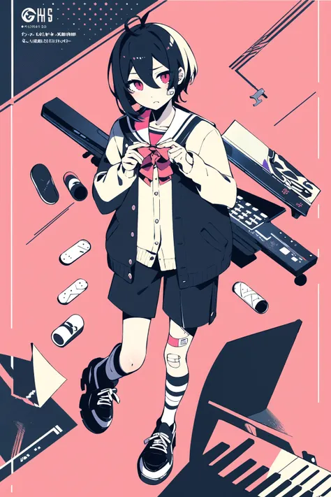 masterpiece, best quality,  1girl, solo, looking_at_viewer, short_hair, shirt, red_eyes, long_sleeves, 1boy, school_uniform, full_body, male_focus, shoes, shorts, socks, pink_eyes, sailor_collar, bandages, pink_background, cardigan, instrument, bandaid, ba...