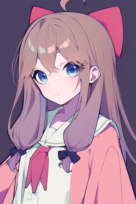 masterpiece, best quality, 1girl, solo, <lora:jiaran:0.8>, jiaran, (official dress:1.5), blue eyes, brown hair, pink hair bow, neckerchief, simple_background, closed_mouth, monochrome, upper_body, fingernails, purple_background, <lora:mochidukekei:1>, expr...