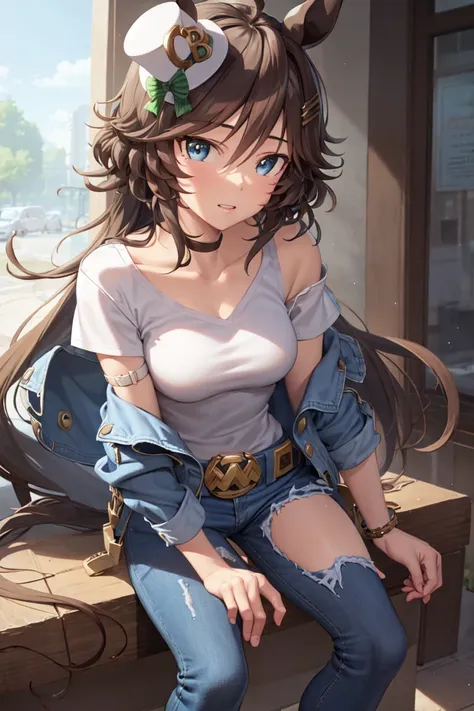 masterpiece, best quality,
mr. c.b. \(umamusume\),
white shirt, belt, jeans, jacket, denim, short sleeves, off shoulder, striped...