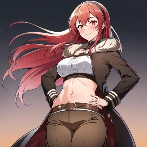 <lora:Eris:1.0>, Adult_Eris, 1girl, red hair, solo, long hair, breasts, large breasts, red eyes, brown legwear, brown shorts, navel, hairband, brown fur coat, midriff, hand_on_hip, inner thighs