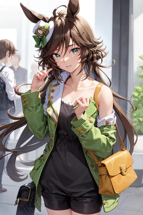 masterpiece, best quality,
mr. c.b. \(umamusume\),
green jacket, off shoulder, open clothes, long sleeves, black shorts, white d...