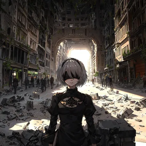 yorha no. 2 type b,solo,1girl,portrait,isometric,first_person_view,cowboy_shot,character_focus,looking_at_viewer,black_blindfold.
detailed background, destroyed city, ruins, epic.