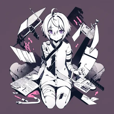 masterpiece, best quality,  1girl, solo, looking_at_viewer, smile, short_hair, 1boy, sitting, purple_eyes, monochrome, male_focus, wings, hair_over_one_eye, blood, bandages, bandaid, purple_background, bandaged_leg, syringe, bandage_over_one_eye, pill, ban...