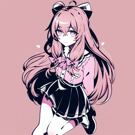 masterpiece, best quality,  1girl, solo, long_hair, looking_at_viewer, smile, bangs, skirt, simple_background, shirt, black_hair, long_sleeves, bow, long hair, monochrome, hair_bow, heart, frills, shoes, bowtie, pink_eyes, heart-shaped_pupils, pink_backgro...