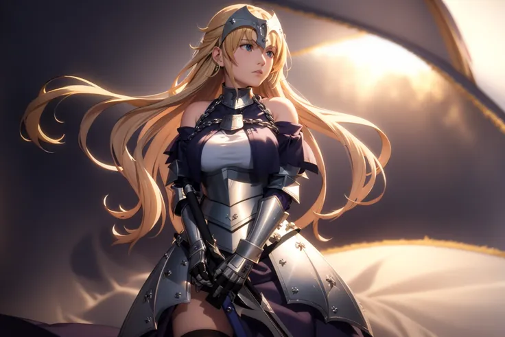 masterpiece, best quality,1girl,,solo, long hair, blonde hair, jeanne d'arc (fate), armor, blue eyes, weapon, sword, armored dre...