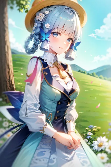 masterpiece, best quality, kamisato ayaka (springbloom missive), kamisato ayaka, official alternate hairstyle, official alternate costume, blunt bangs, butterfly hair ornament, hair flower, blue dress, 1girl, butterfly, blue eyes, flower, hair ornament, bl...