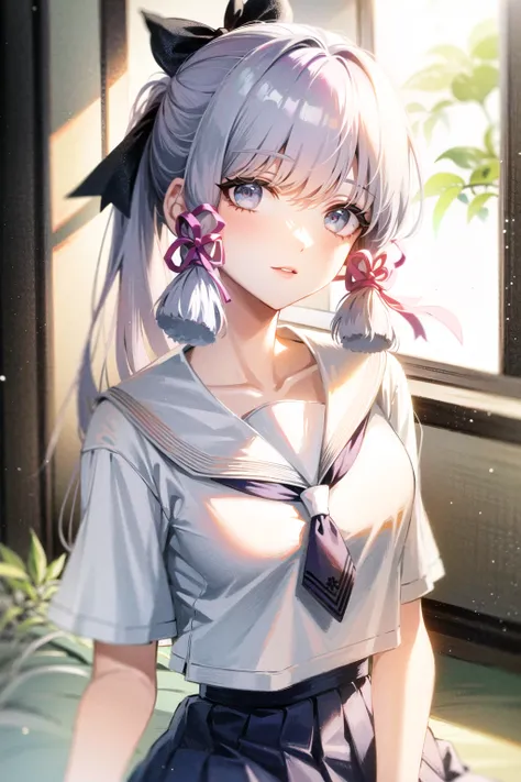 masterpiece, best quality, soft lighting, absurdres, looking at viewer, solo, ponytail, serafuku, kamisato ayaka (heytea), official art, official alternate costume, kamisato ayaka, blunt bangs, hair bow, hair ribbon, red ribbon, school uniform, sailor shir...