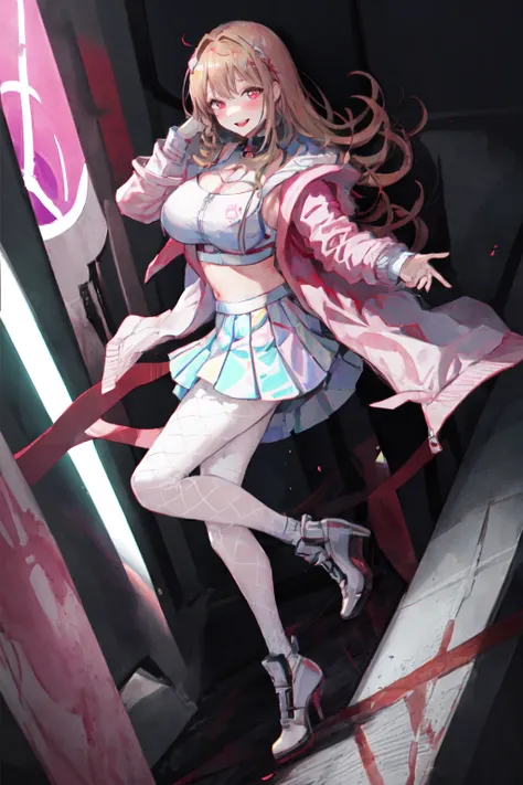 masterpiece, best quality, ultra-detailed, illustration,
1girl, large breasts, long hair, full body, blush, high heels, bangs, jacket, pleated skirt, laser gradient pleated skirt, white pantyhose, white fishnet_legwear, pink jacket, sneakers, red glowi...