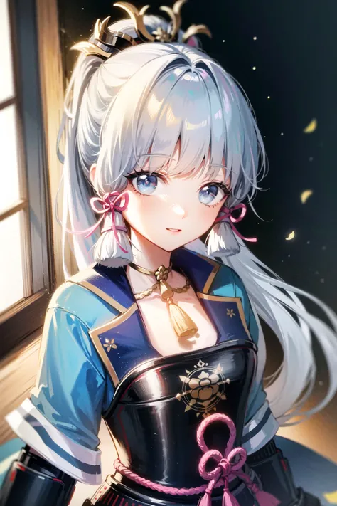 masterpiece, best quality, soft lighting, absurdres, looking at viewer, solo, kamisato ayaka (flawless radiance), kamisato ayaka, official costume, ponytail, kote, kusazuri, blunt bangs, hair ribbon, red ribbon, japanese armor