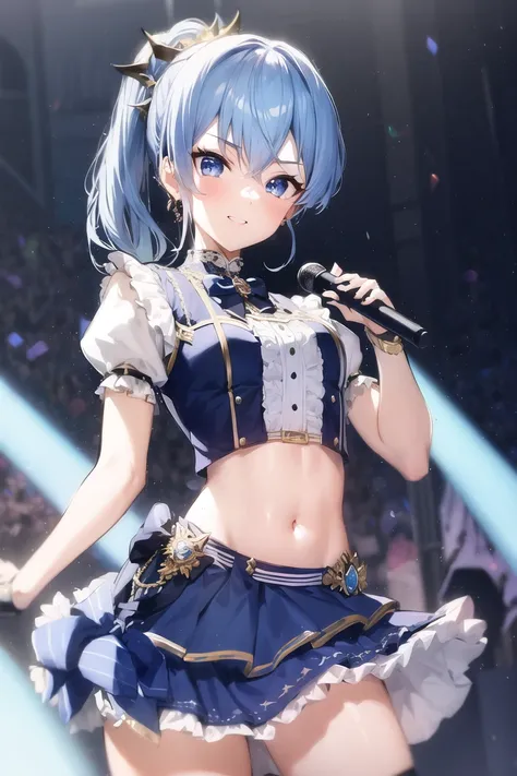 masterpiece, best quality, absurdres, 1girl, solo, Hoshimachi Suisei, light blue hair, blue eyes, happy, smile, parted lips, cowboy shot, sidelocks, ponytail, toned, 
idol, idol clothes, hololive idol uniform, bowtie, blue skirt, brooch, dress, concert, on...