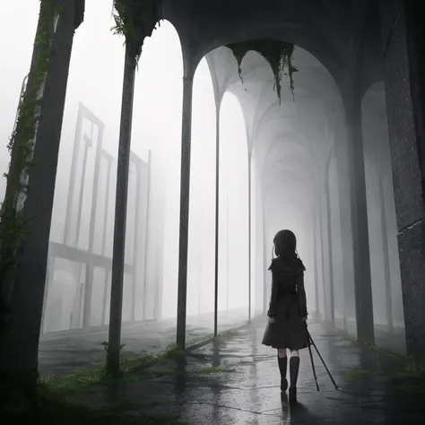 best quality, rain, fantasy, walking through ruined ancient buildings, 1girl,  detailed clothing, glowing eyes,