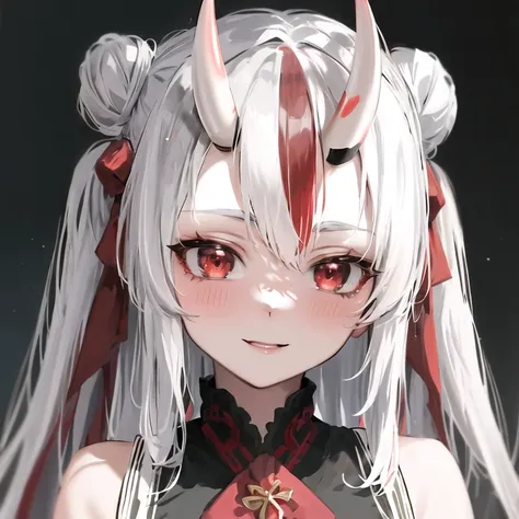 masterpiece, best quality, absurdres, looking at viewer,
Ayame, horns, oni, red eyes, long hair, white hair, red streaks, two side up, double bun, smile, blush, 
detailed face, close up, detailed eyes