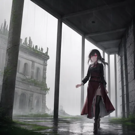 best quality, rain, fantasy, walking through ruined ancient buildings, 1girl,  detailed clothing, glowing eyes,