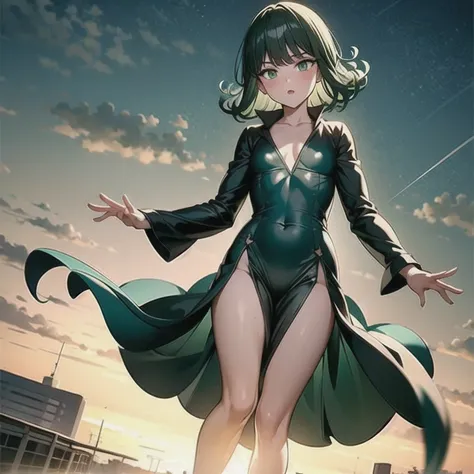 Natural Volumetric Lighting And Best Shadows, Deep Depth Of Field, Sharp Focus,1girl, solo, Terrible_Tornado,looking_at_viewer, blush, short_hair, bangs, green_hair, green_eyes,detailed eyes, collarbone, thighs, small_breasts, outdoors, parted_lips, green_...