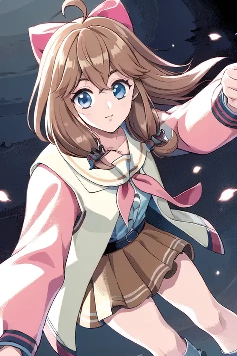 masterpiece, best quality, 1girl, solo, <lora:jiaran:1>, jiaran, (official dress:1.5), pink hair bow, brown hair, jacket, neckerchief, dynamic pose, dynamic angle, floating hair,
<lora:elf-pc-98:1>