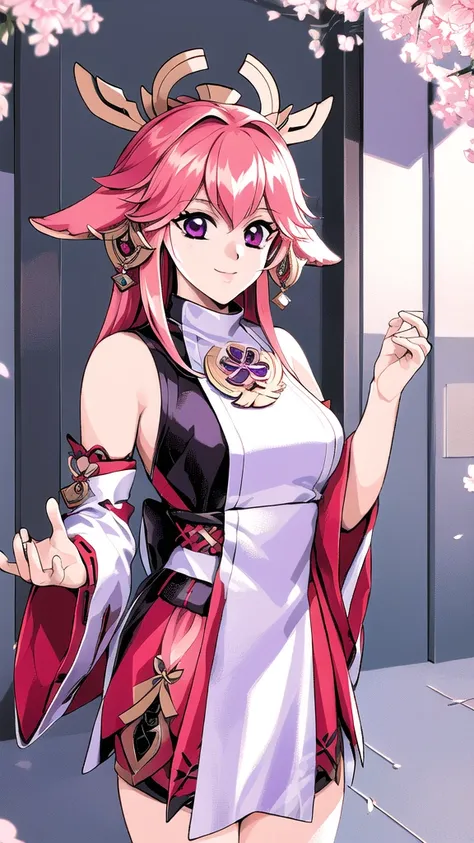 masterpiece, best quality, original_outfits, 1girl,solo, <lora:yaeMikoRealistic_yaemikoFull:0.5>, genshin impact, yae miko, 1girl, animal ears, branch, breasts, cherry blossoms, closed mouth, cowboy shot, earrings, flower, fox ears, japanese clothes, jewel...