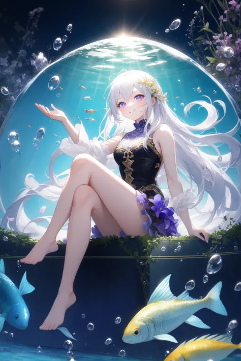 [(Transparent background:1.5)::5],(((masterpiece))),(((best quality))),(((extremely detailed))),illustration, 1girl,solo,mysterious,vivid color,shiny, underwater transparent sealed hemispherical glass dome, (white hair),(purple eyes), full body,barefoot,lo...